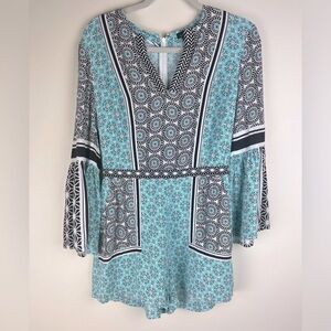 LOFT | Boho Geometric Shorts Romper Turquoise Black Bell Sleeves | XS